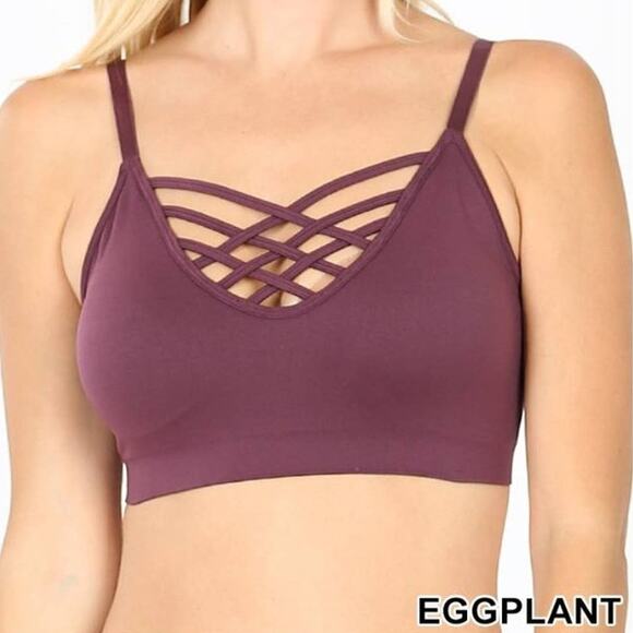 1X/2X Eggplant Front V Lattice Bralette + bra padding adjustable straps Zenana - Picture 15 of 15